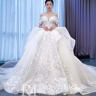 Off Shoulder Lace Applique Wedding Gown Puffy Wedding Dress