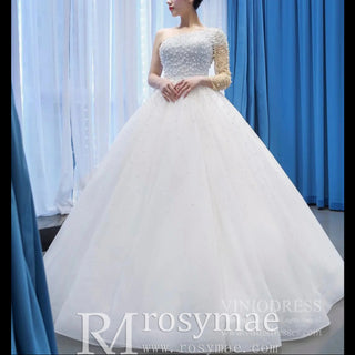 Beaded Pearls Ball Gown Wedding Dress with One Shoulder Long Sleeve