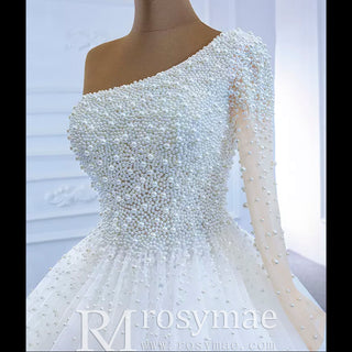 Beaded Pearls Ball Gown Wedding Dress with One Shoulder Long Sleeve