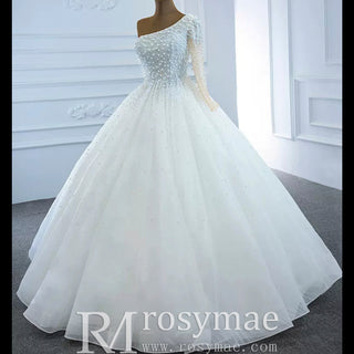 Beaded Pearls Ball Gown Wedding Dress with One Shoulder Long Sleeve