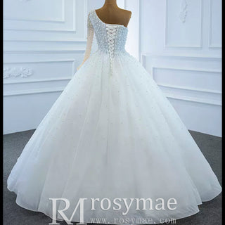 Beaded Pearls Ball Gown Wedding Dress with One Shoulder Long Sleeve