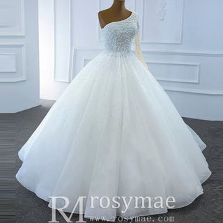 Beaded Pearls Ball Gown Wedding Dress with One Shoulder Long Sleeve