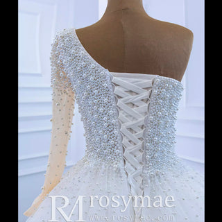 Beaded Pearls Ball Gown Wedding Dress with One Shoulder Long Sleeve