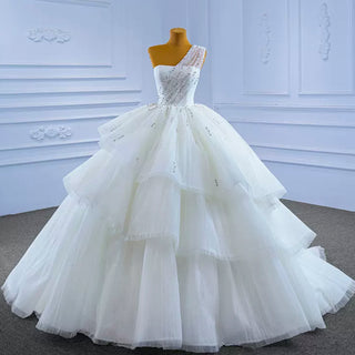 Layered Tulle Ball Gown Wedding Dress with One Shoulder