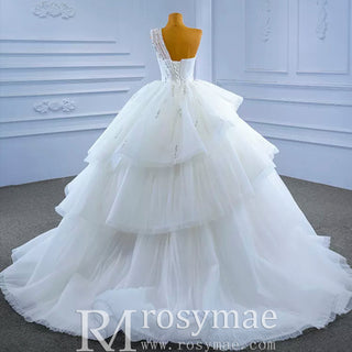 Layered Tulle Ball Gown Wedding Dress with One Shoulder