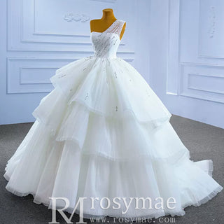 Layered Tulle Ball Gown Wedding Dress with One Shoulder