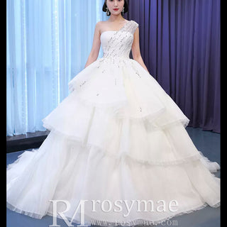 Layered Tulle Ball Gown Wedding Dress with One Shoulder