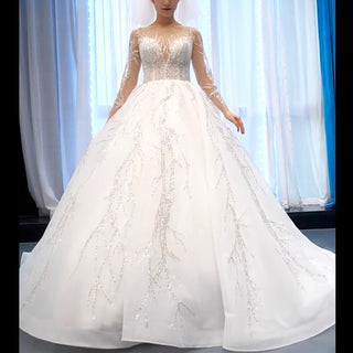 Beaded Sparkly Arabric Wedding Dress with Long Sleeve Ball Gown