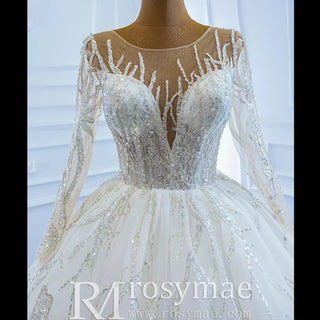 Beaded Sparkly Arabric Wedding Dress with Long Sleeve Ball Gown