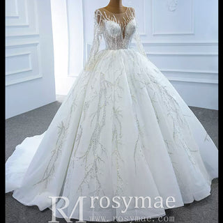 Beaded Sparkly Arabric Wedding Dress with Long Sleeve Ball Gown