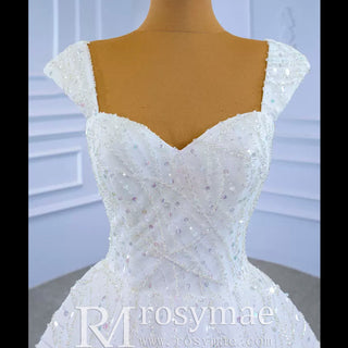 Luxury Beaded Ruffled Puffy Ball Gown Wedding Dress with Off the Shoulder