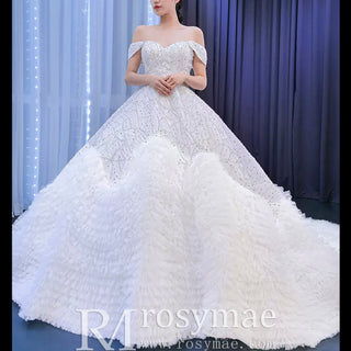 Luxury Beaded Ruffled Puffy Ball Gown Wedding Dress with Off the Shoulder