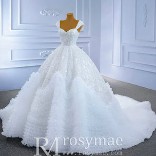 Luxury Beaded Ruffled Puffy Ball Gown Wedding Dress with Off the Shoulder