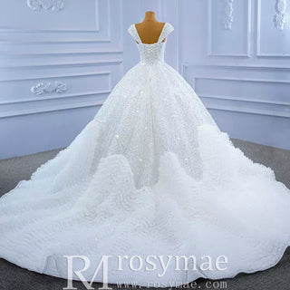 Luxury Beaded Ruffled Puffy Ball Gown Wedding Dress with Off the Shoulder