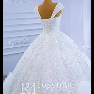 Luxury Beaded Ruffled Puffy Ball Gown Wedding Dress with Off the Shoulder