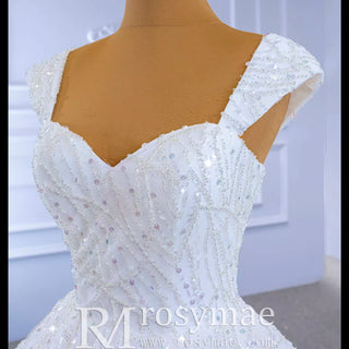 Luxury Beaded Ruffled Puffy Ball Gown Wedding Dress with Off the Shoulder