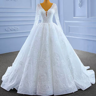 Tulle V-neck Long Sleeve Beading Wedding Dress Ball Gown