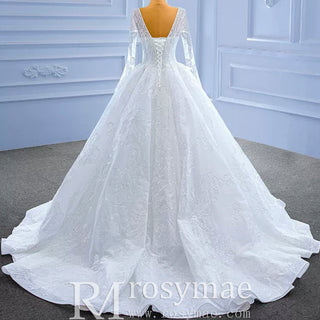 Tulle V-neck Long Sleeve Beading Wedding Dress Ball Gown