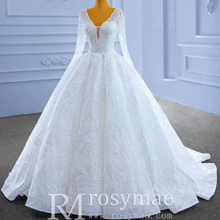 Tulle V-neck Long Sleeve Beading Wedding Dress Ball Gown