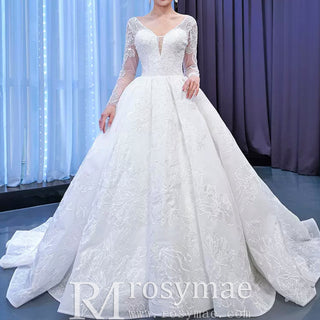 Tulle V-neck Long Sleeve Beading Wedding Dress Ball Gown