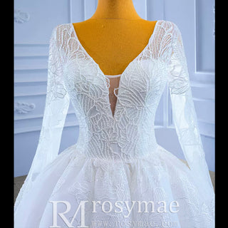 Tulle V-neck Long Sleeve Beading Wedding Dress Ball Gown