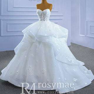 Strapless Wedding Gown Lace Appliqued Ruffle Wedding Dress