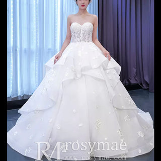 Strapless Wedding Gown Lace Appliqued Ruffle Wedding Dress