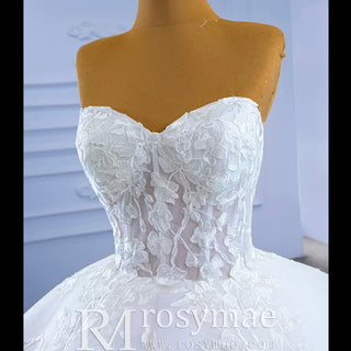 Strapless Wedding Gown Lace Appliqued Ruffle Wedding Dress