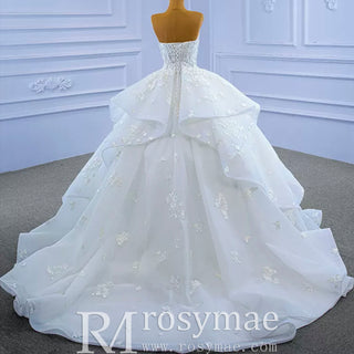 Strapless Wedding Gown Lace Appliqued Ruffle Wedding Dress