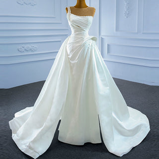 Unique Ruffled A-line Satin Wedding Dress with High Sheer Back