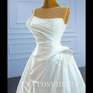 Unique Ruffled A-line Satin Wedding Dress with High Sheer Back