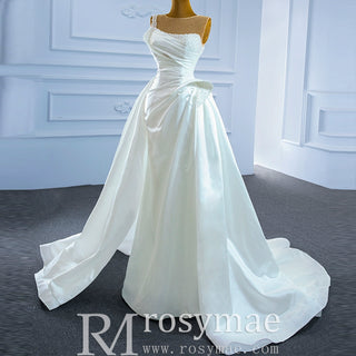 Unique Ruffled A-line Satin Wedding Dress with High Sheer Back