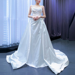 Unique Ruffled A-line Satin Wedding Dress with High Sheer Back