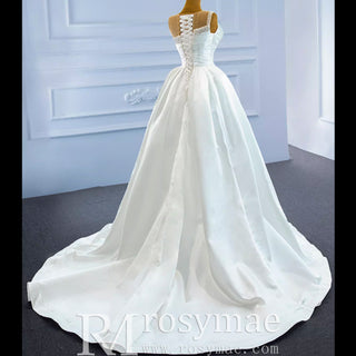 Unique Ruffled A-line Satin Wedding Dress with High Sheer Back