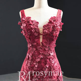Deep V 3D Floral Burgundy Trumpet Evening Dress Prom Gown