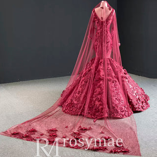 Deep V 3D Floral Burgundy Trumpet Evening Dress Prom Gown