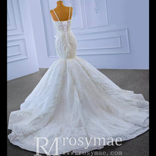 Elegant Mermaid Wedding Dress Beading Pearls with Spaghetti Straps