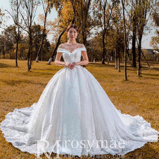 Off the Shoulder Ball Gown Lace Wedding Dress with Long Train