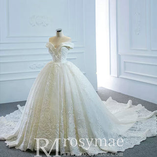 Off the Shoulder Ball Gown Lace Wedding Dress with Long Train