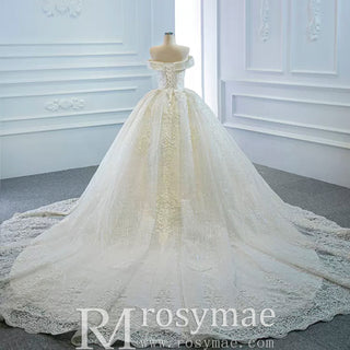 Off the Shoulder Ball Gown Lace Wedding Dress with Long Train