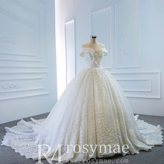 Off the Shoulder Ball Gown Lace Wedding Dress with Long Train