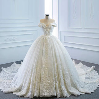 Off the Shoulder Ball Gown Lace Wedding Dress with Long Train