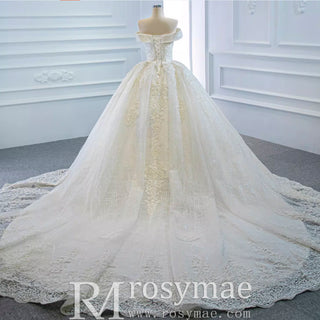 Off the Shoulder Ball Gown Lace Wedding Dress with Long Train