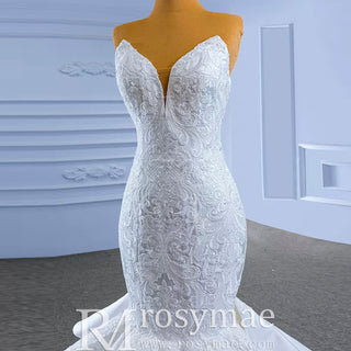 High-end Trumpet Wedding Dress Strapless Lace Appliqued Wedding Gown