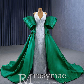 V-neck Halter Green Satin Mermaid Wedding Dress Formal Gown