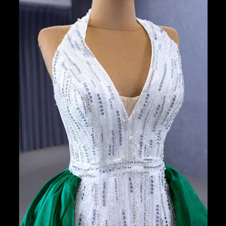 V-neck Halter Green Satin Mermaid Wedding Dress Formal Gown