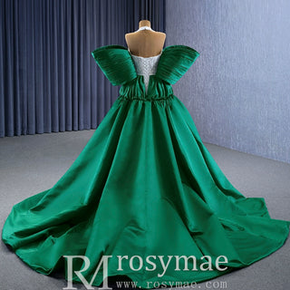 V-neck Halter Green Satin Mermaid Wedding Dress Formal Gown