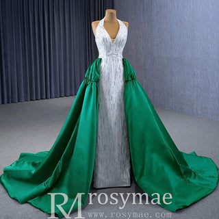 V-neck Halter Green Satin Mermaid Wedding Dress Formal Gown