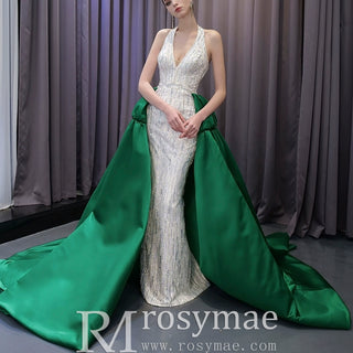 V-neck Halter Green Satin Mermaid Wedding Dress Formal Gown