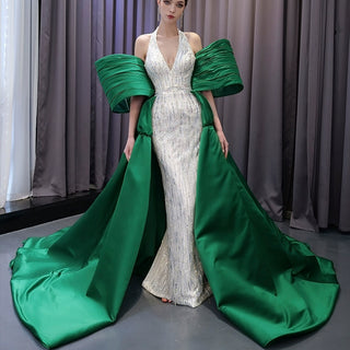 V-neck Halter Green Satin Mermaid Wedding Dress Formal Gown